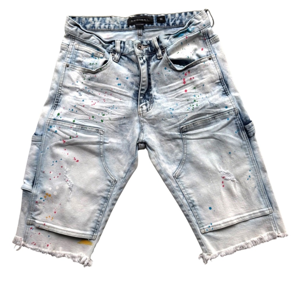 Decibel Mens Paint Splatter Carpenter Denim Shorts Acid Wash Thrashed Distressed